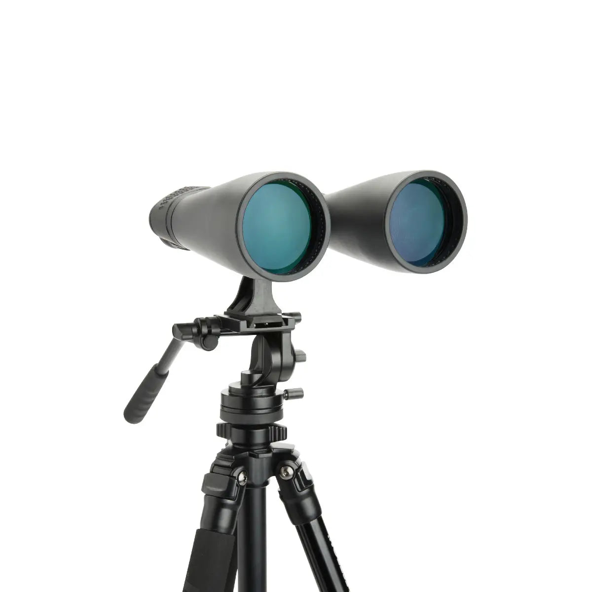 Binoculars on a tripod with a white background