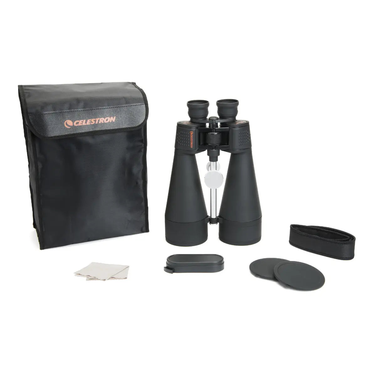 Celestron binoculars with carrying case and cleaning cloth on a white background