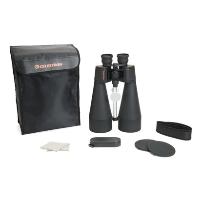 Celestron binoculars with carrying case and cleaning cloth on a white background