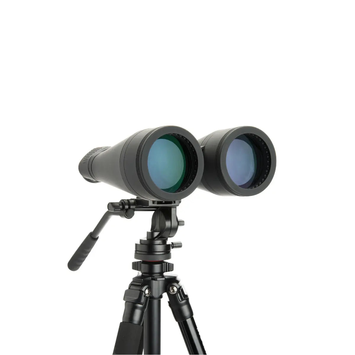 Binoculars on a tripod with a white background