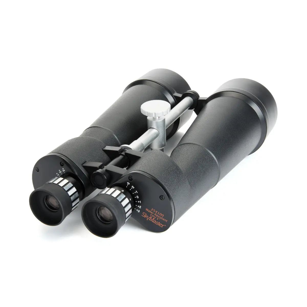 Black binoculars with a white background