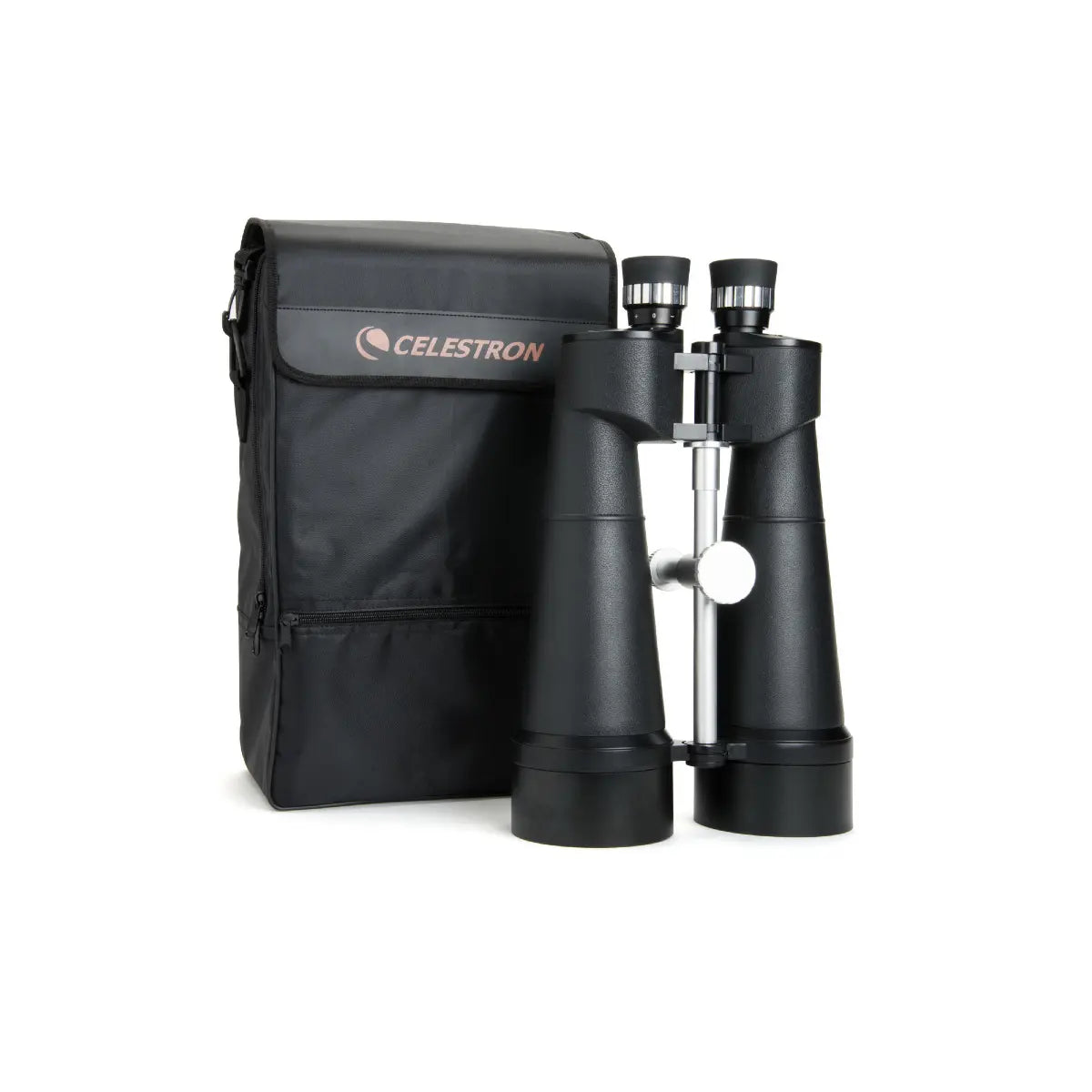 Black Celestron binoculars with carrying case on a white background