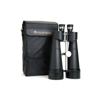 Black Celestron binoculars with carrying case on a white background