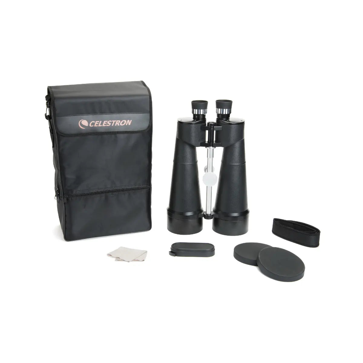 Celestron binoculars with carrying case and accessories on a white background