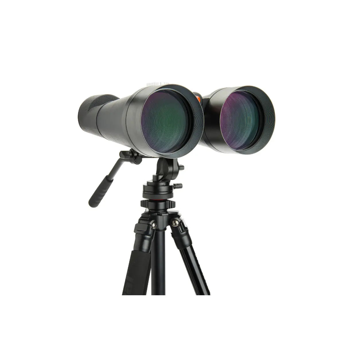 Binoculars on a tripod with a white background