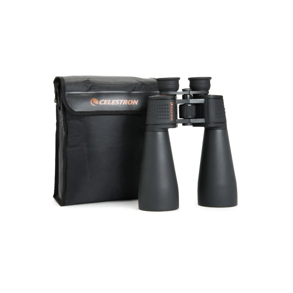 Black binoculars with carrying case on a white background, featuring Celestron branding.