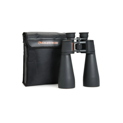 Black binoculars with carrying case on a white background, featuring Celestron branding.