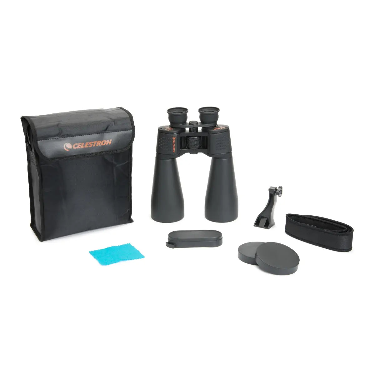 Binoculars with accessories and carrying case on a white background