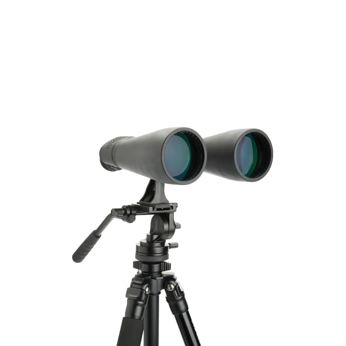 Binoculars on a tripod with a white background