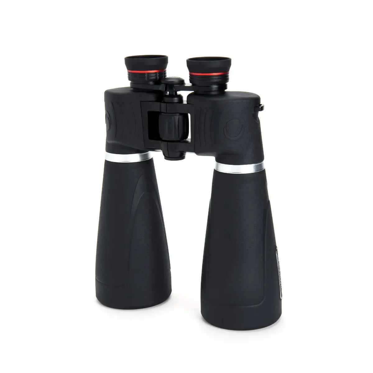 Black binoculars with rubberized grips on a white background