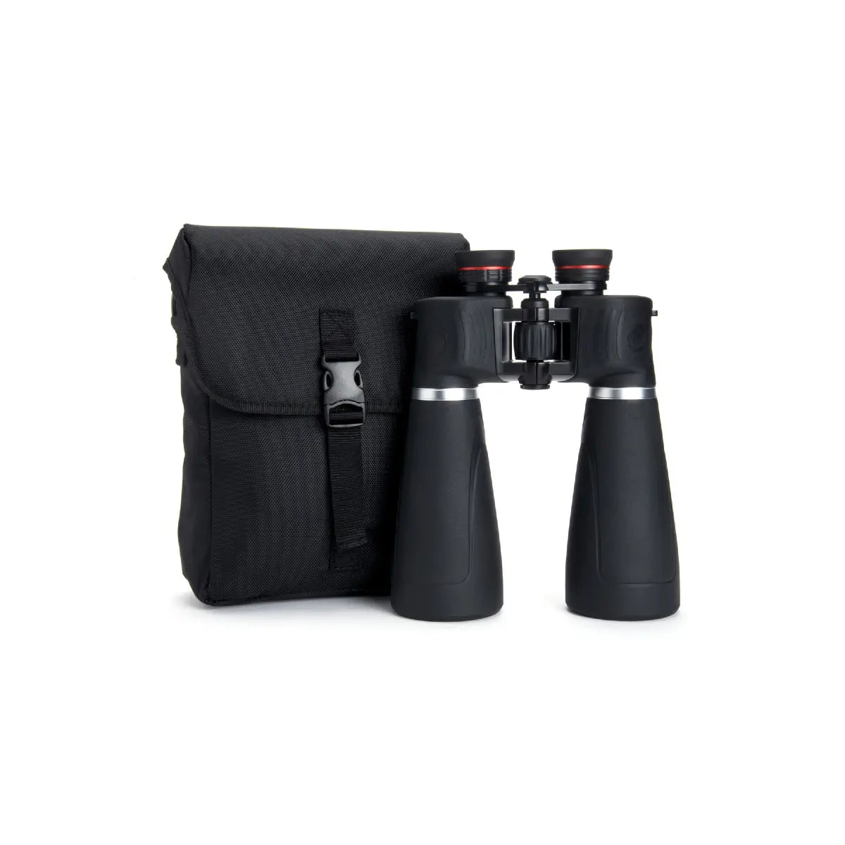 Black binoculars with a matching carrying case on a white background