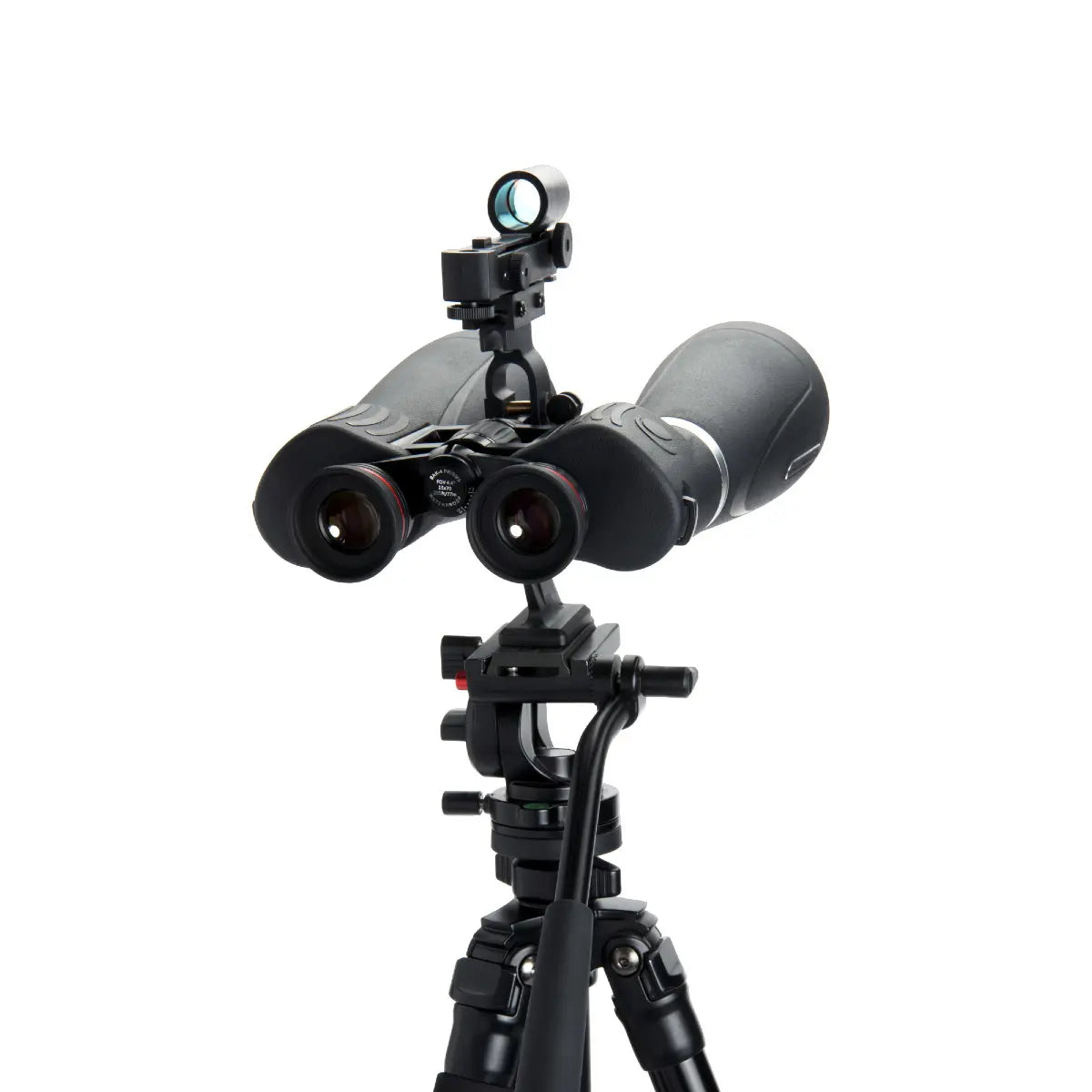 Binoculars on a tripod with a white background