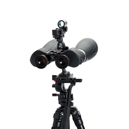 Binoculars on a tripod with a white background