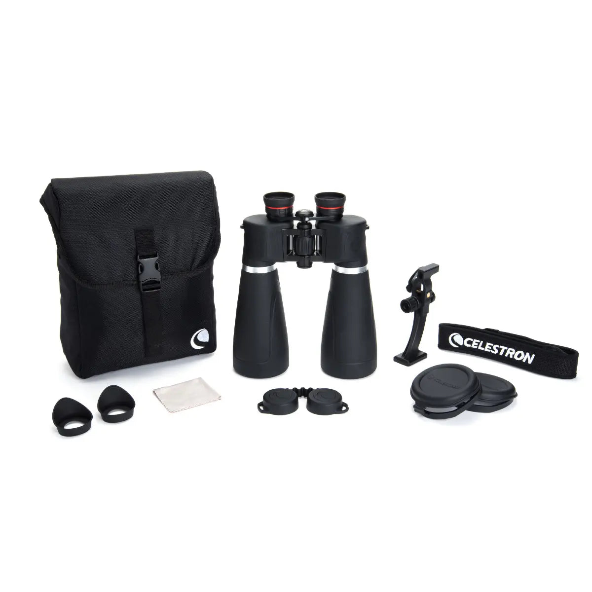 Binoculars with accessories and Celestron logo on a white background