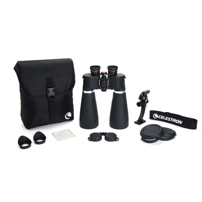 Binoculars with accessories and Celestron logo on a white background