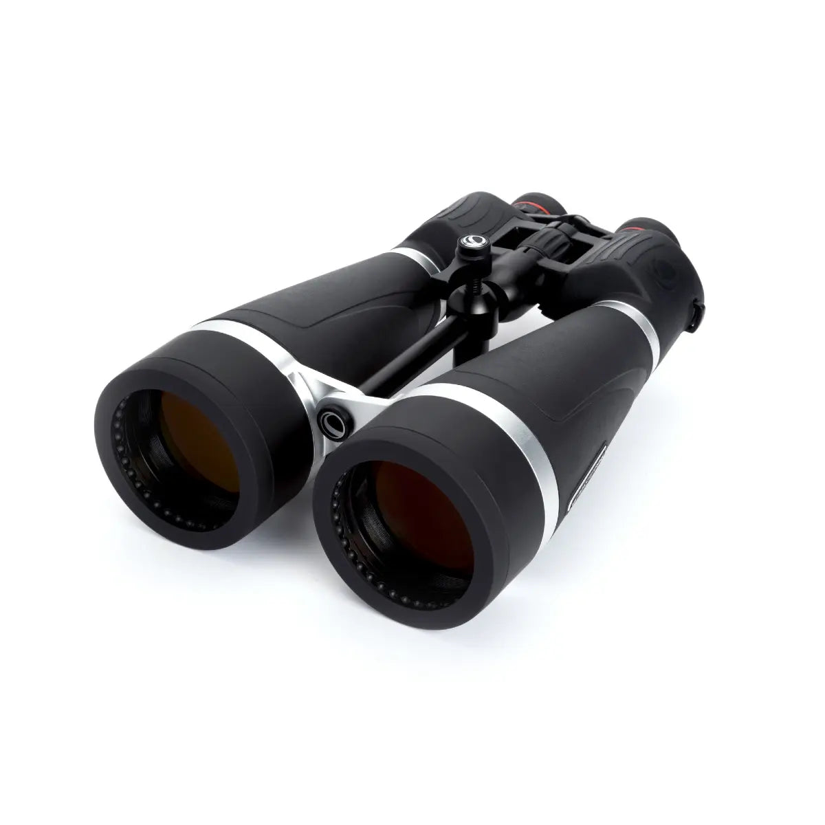 Black binoculars with silver accents on a white background