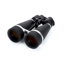 Black binoculars with silver accents on a white background