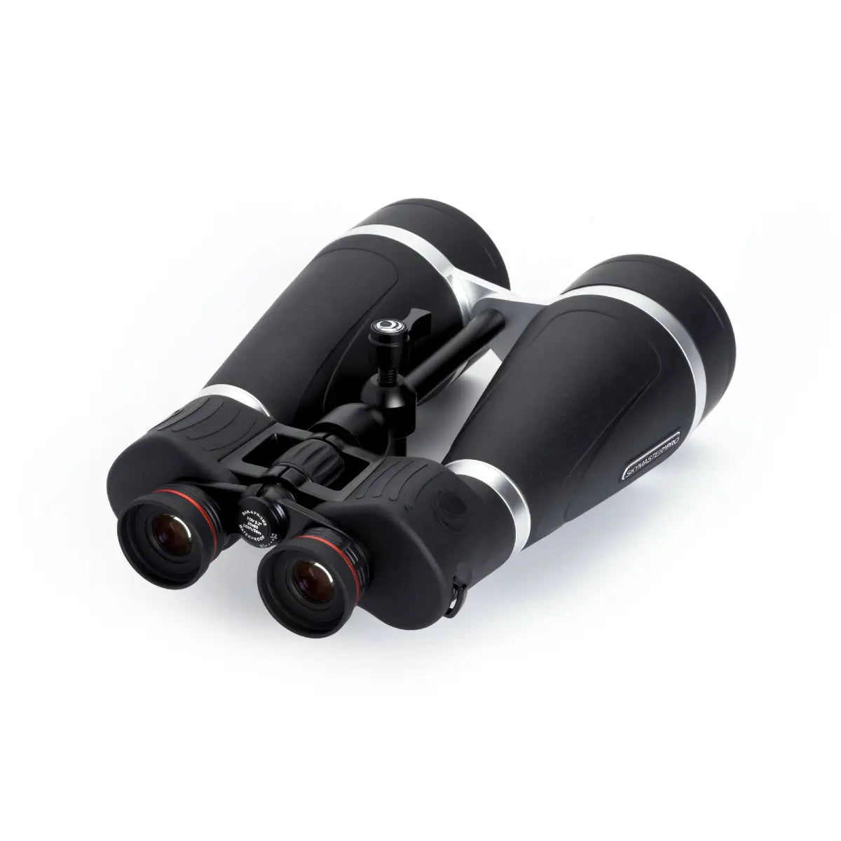 Black binoculars with silver accents on a white background