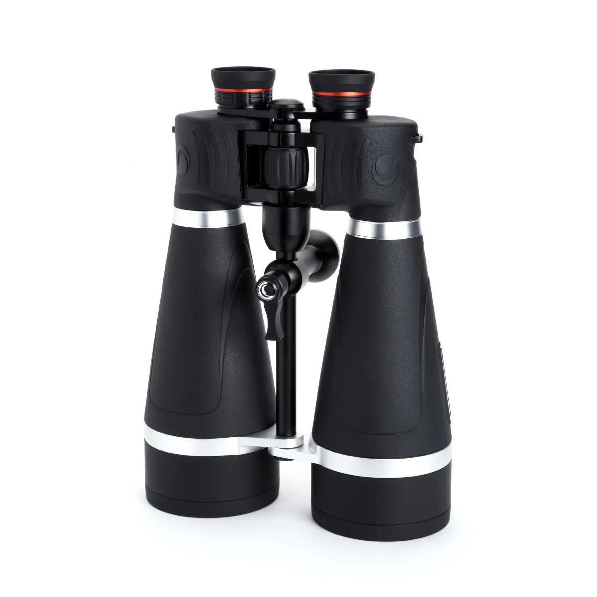 Black binoculars with silver accents on a white background
