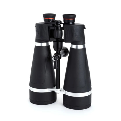 Black binoculars with silver accents on a white background
