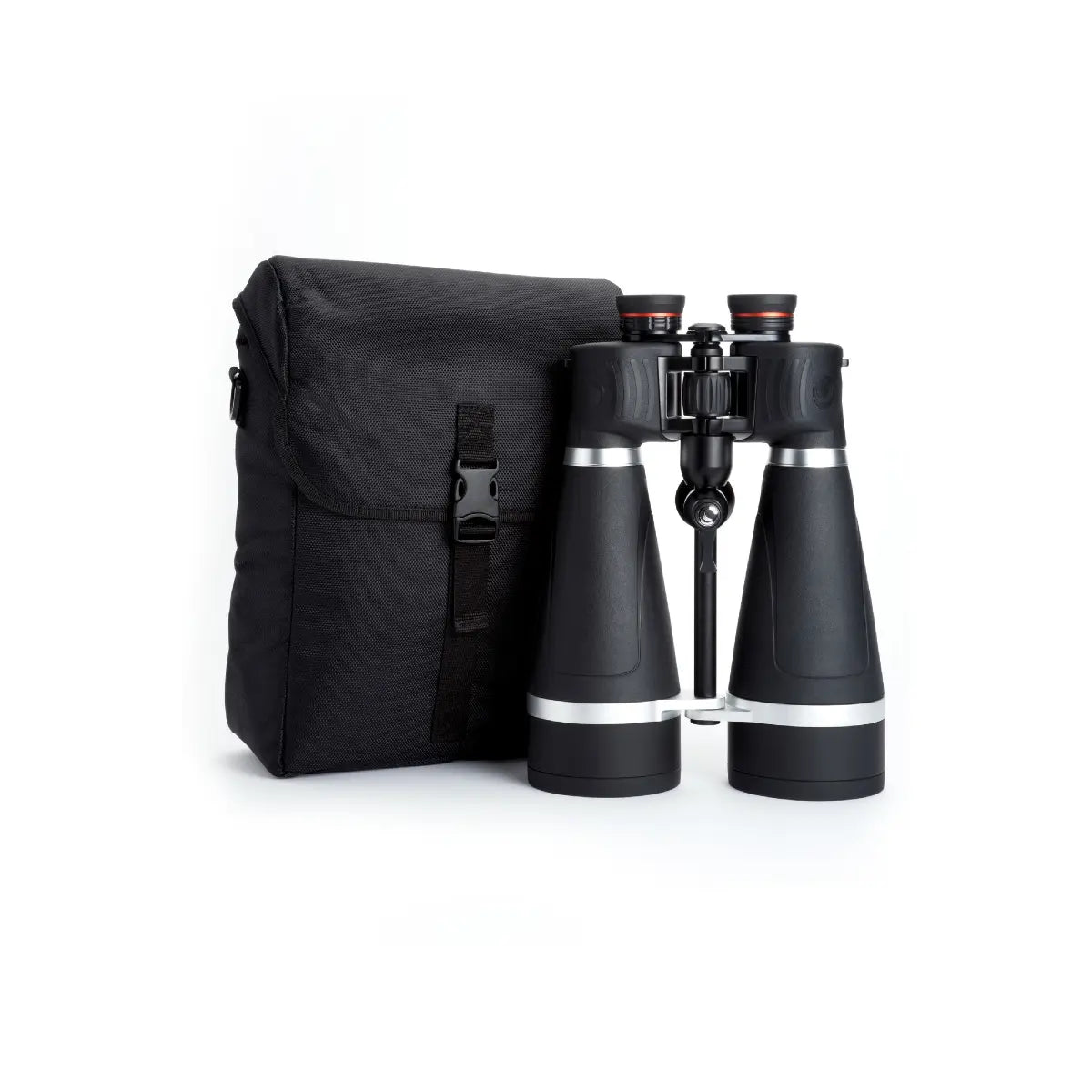 Black binoculars with carrying case on a white background