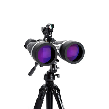 Binoculars on a tripod with a white background