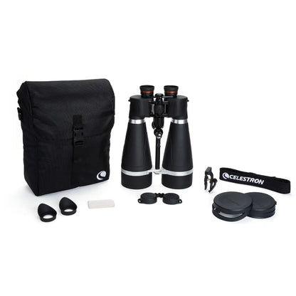Binoculars with accessories and carrying case on a white background