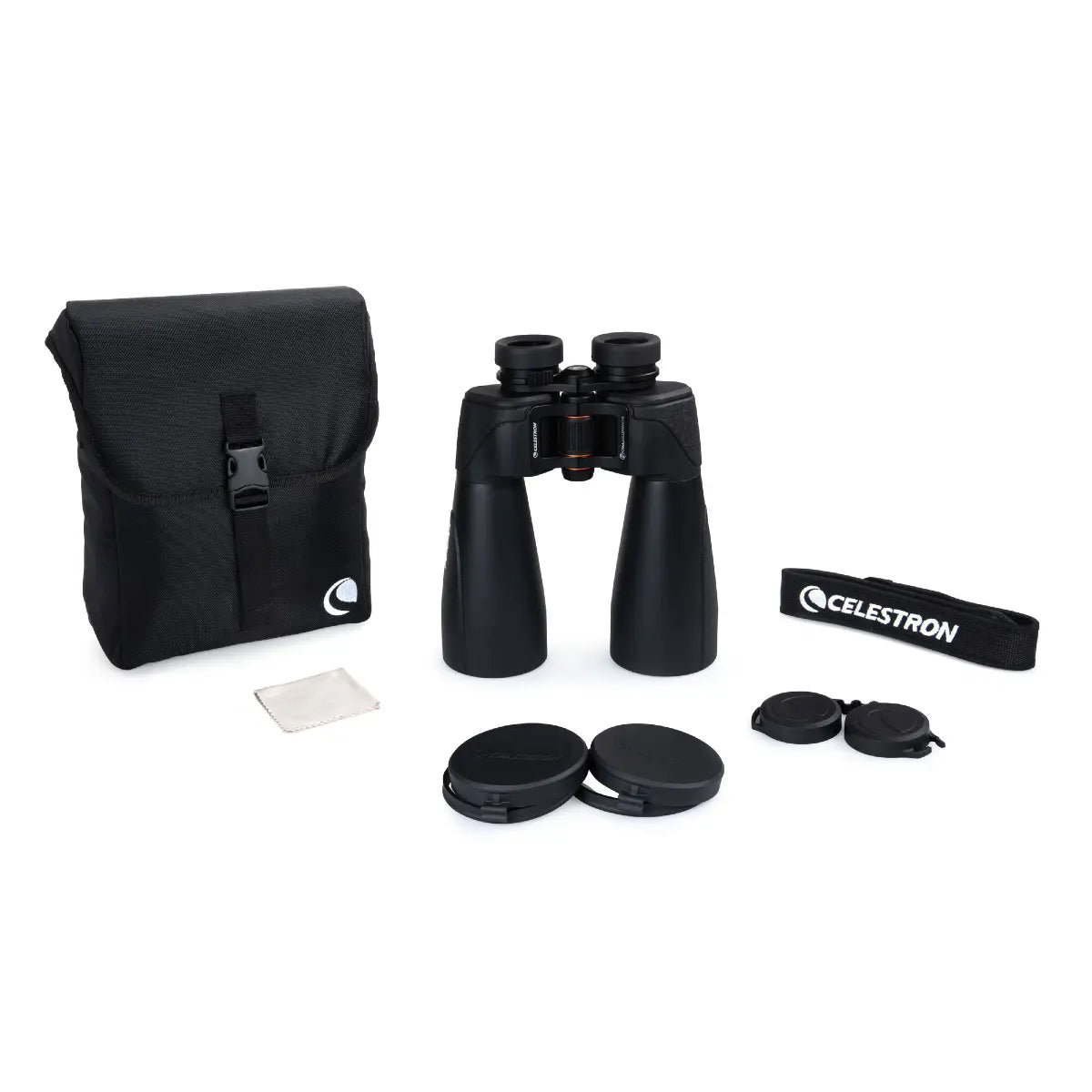 Black binoculars with accessories on a white background, featuring the Celestron brand.