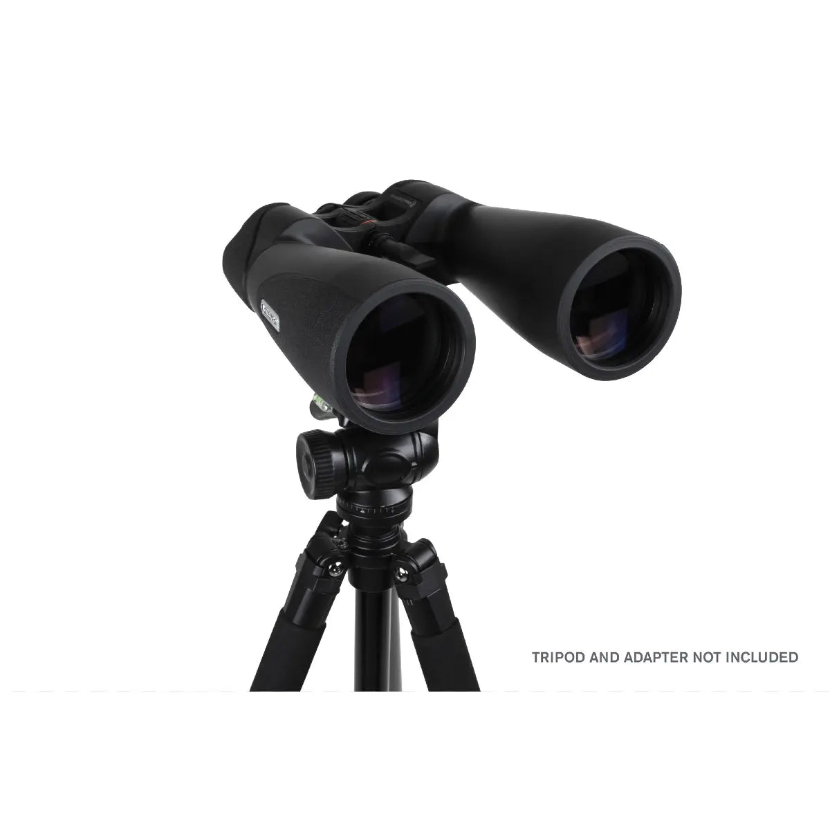 Black binoculars on a tripod with 'Tripod and adapter not included' text on a white background