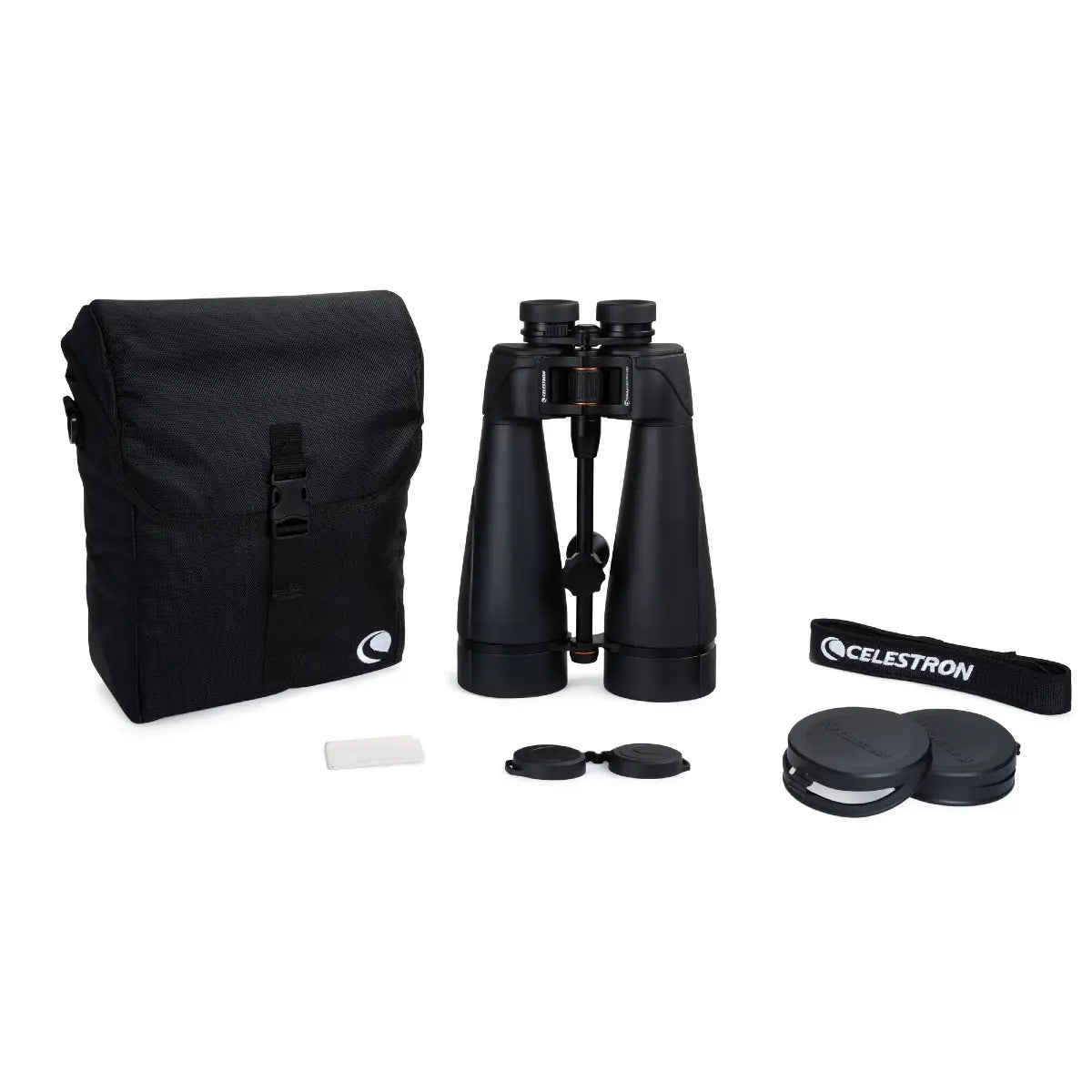 Binoculars with carrying case, lens cap, and strap on a white background