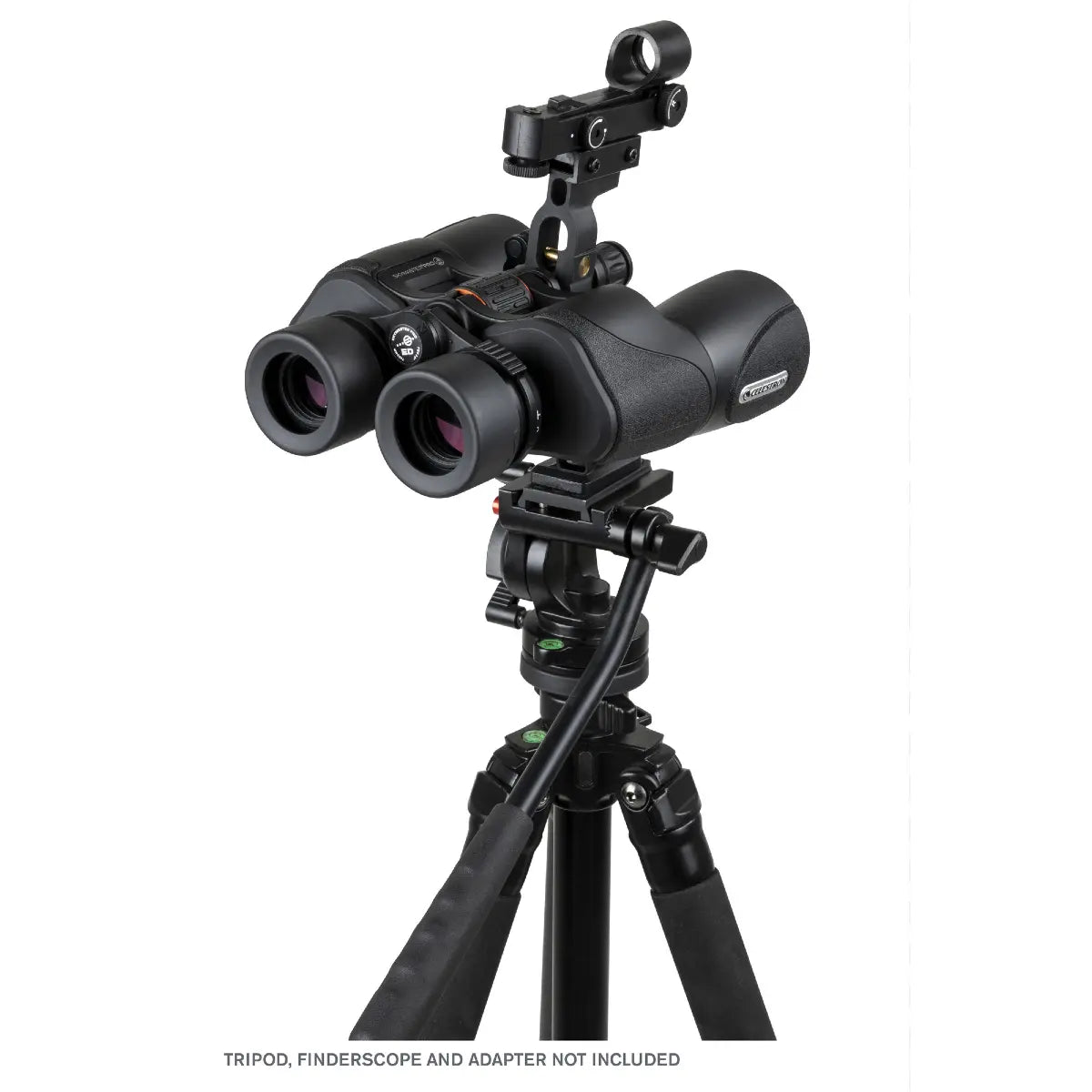 Binoculars on a tripod with a white background