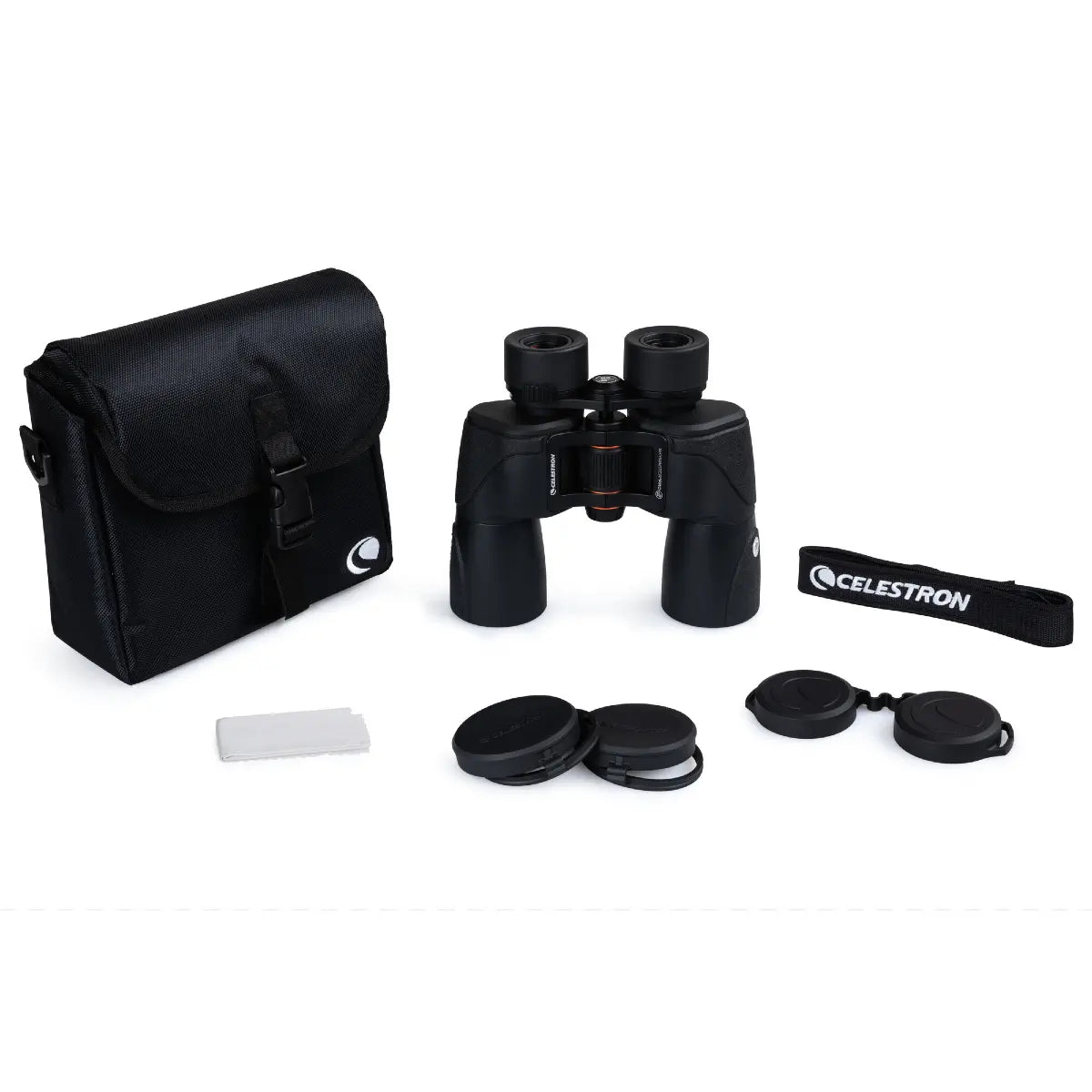 Black binoculars with carrying case and cleaning kit on a white background, featuring Celestron branding.