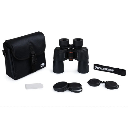 Black binoculars with carrying case and cleaning kit on a white background, featuring Celestron branding.