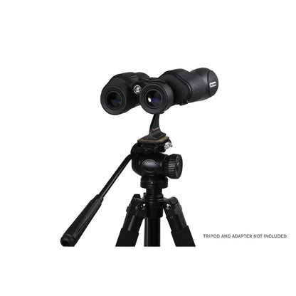 Black binoculars on a tripod with 'Tripod and adapter not included' text on a white background