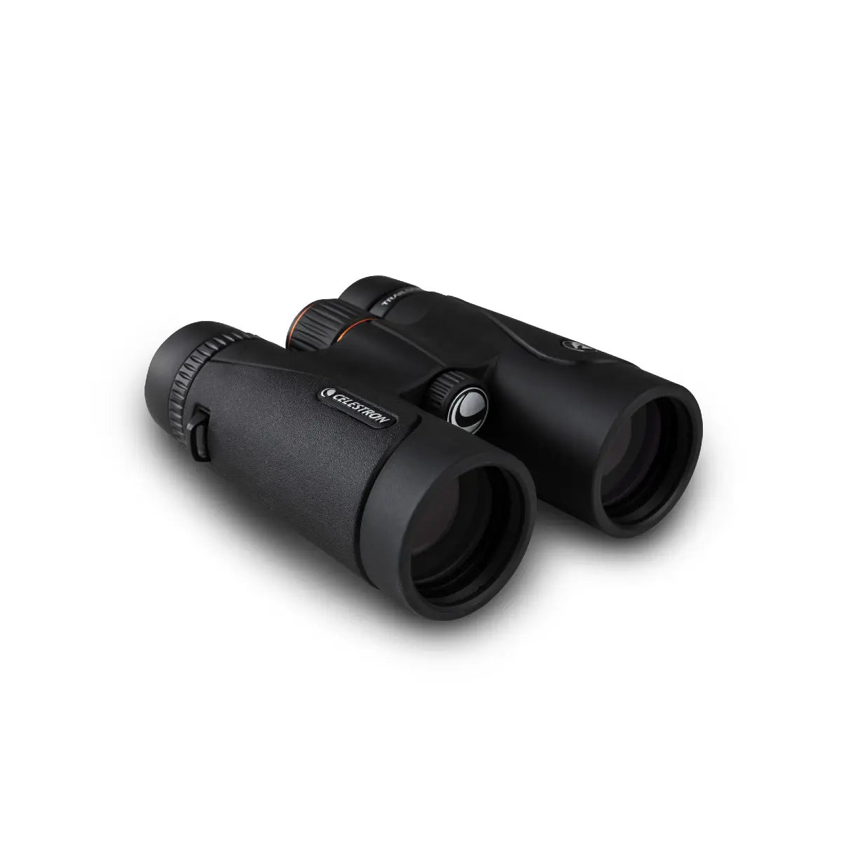 Black binoculars with a brand logo on a white background
