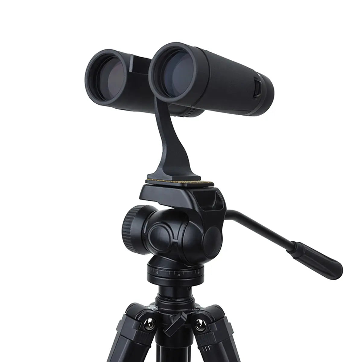 Black binoculars on a tripod with a white background