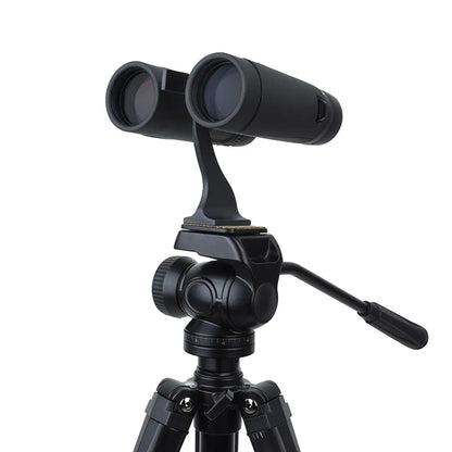 Black binoculars on a tripod with a white background