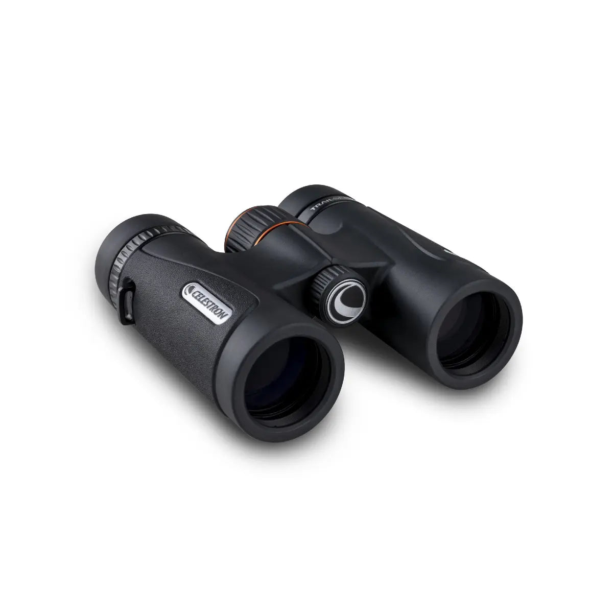 Black binoculars with a brand logo on a white background