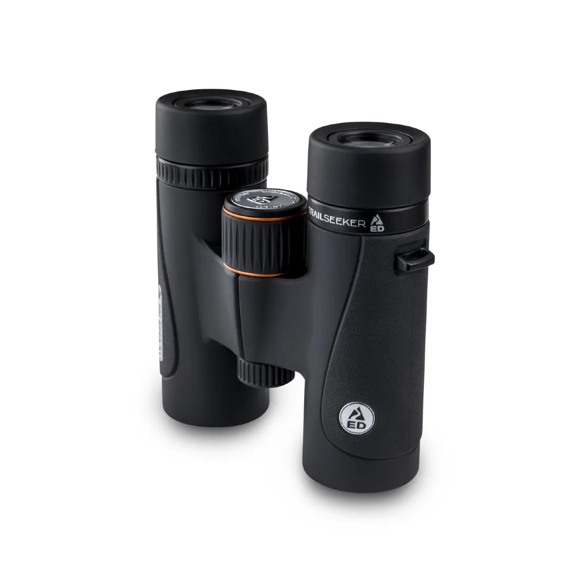 Black binoculars with a brand logo on a white background