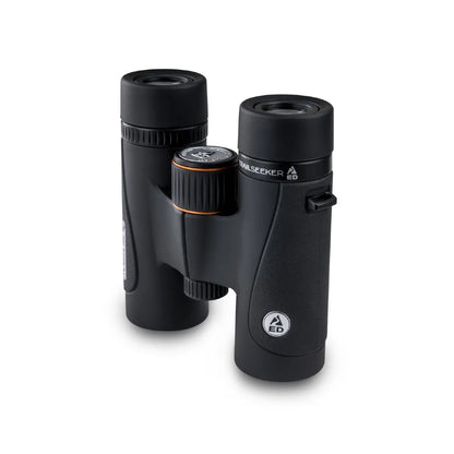 Black binoculars with a brand logo on a white background