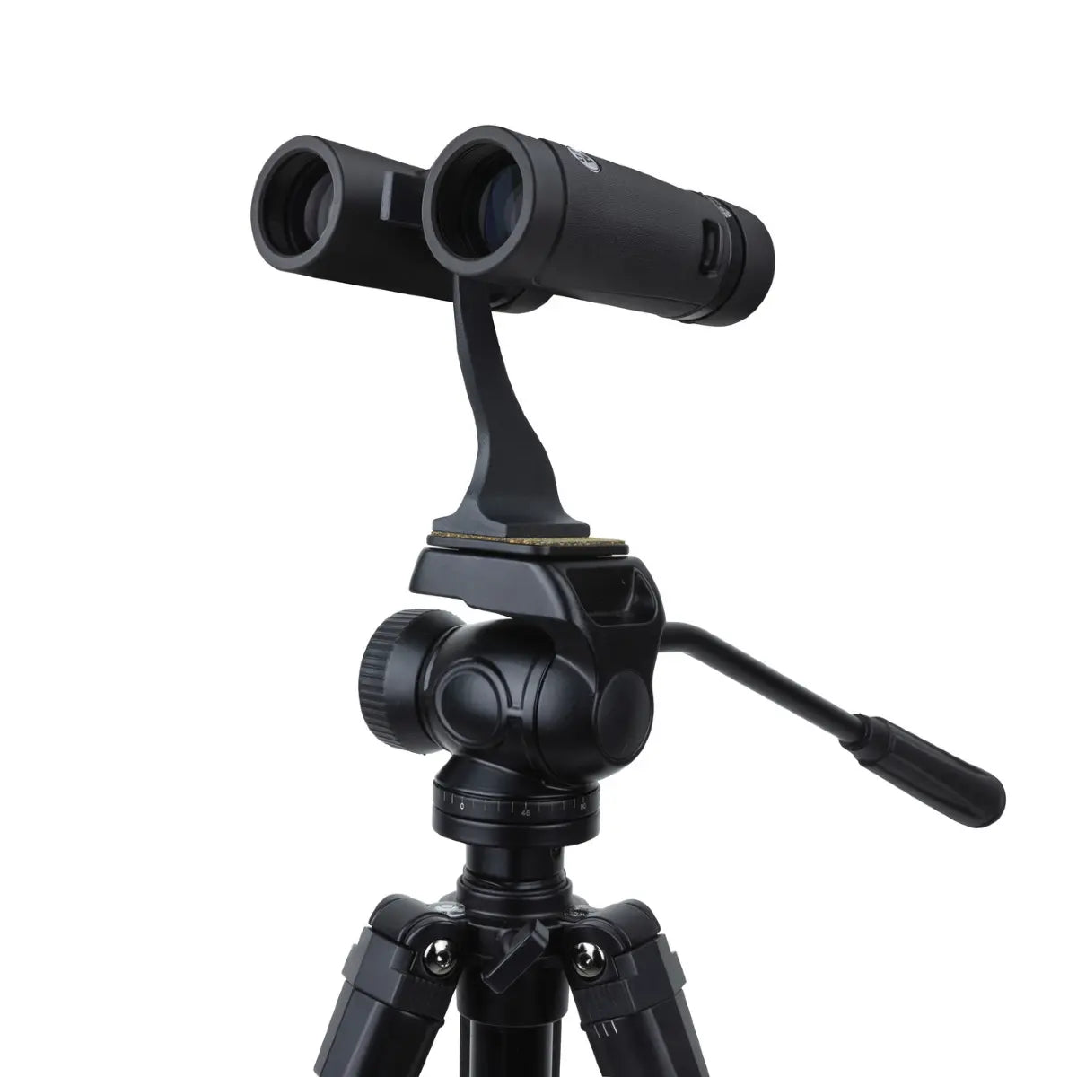 Black binoculars on a tripod with a white background