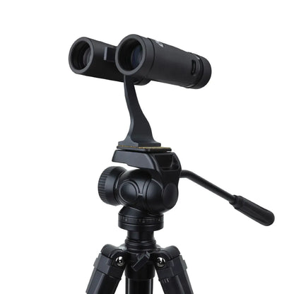 Black binoculars on a tripod with a white background