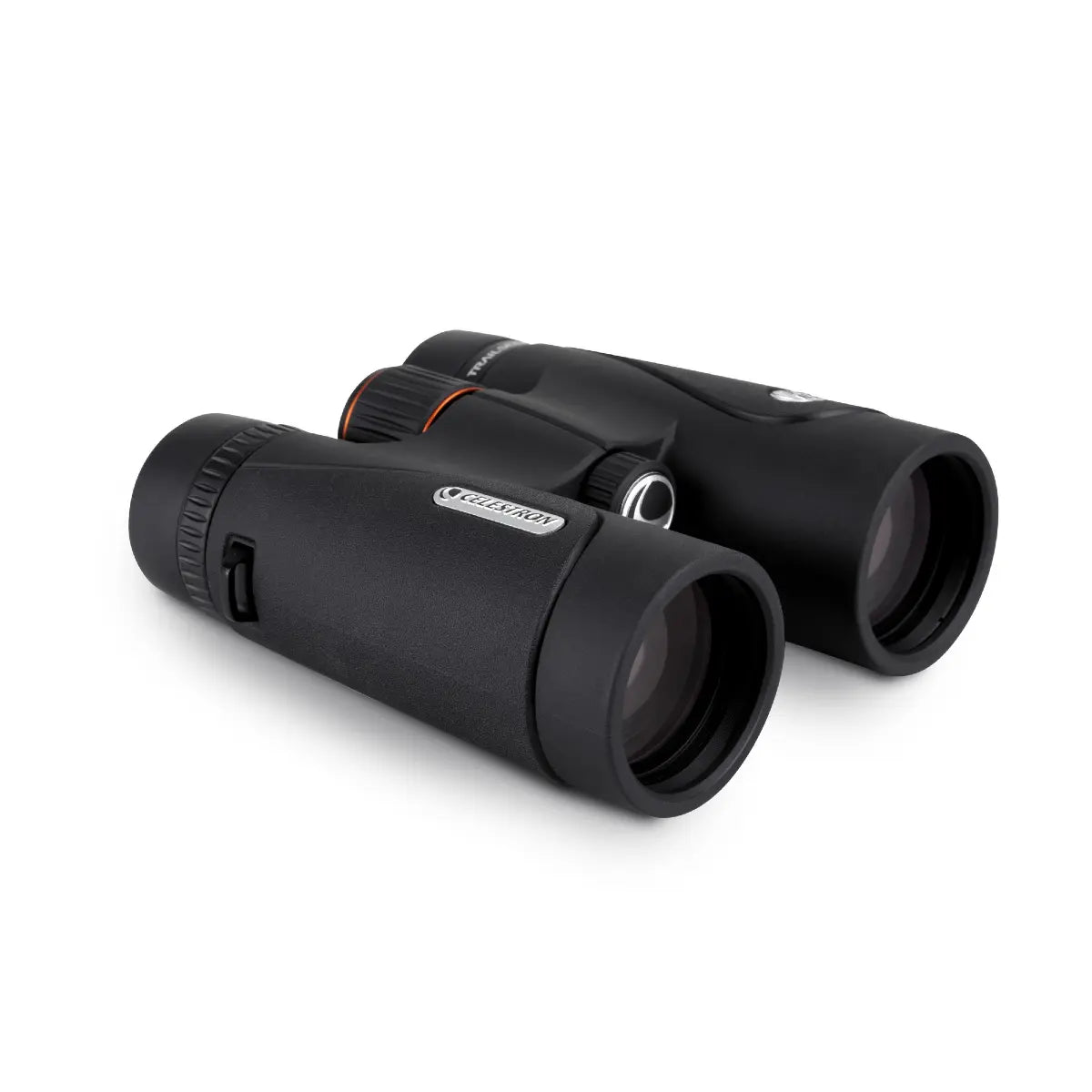 Black binoculars with a brand logo on a white background