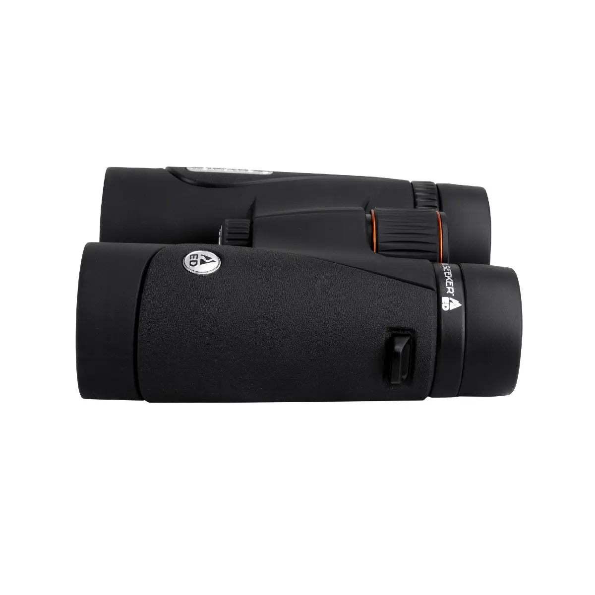 Black binoculars with a brand logo on a white background