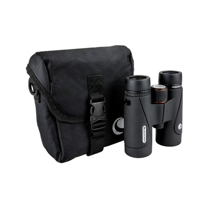 Black binoculars with carrying case on a white background