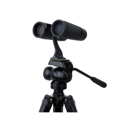 Black binoculars on a tripod with a white background