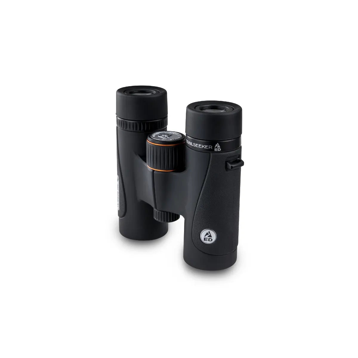 Black binoculars with a brand logo on a white background