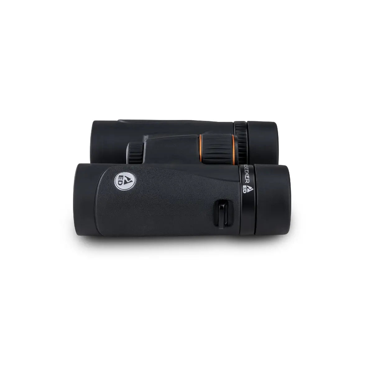 Black binoculars with a brand logo on a white background