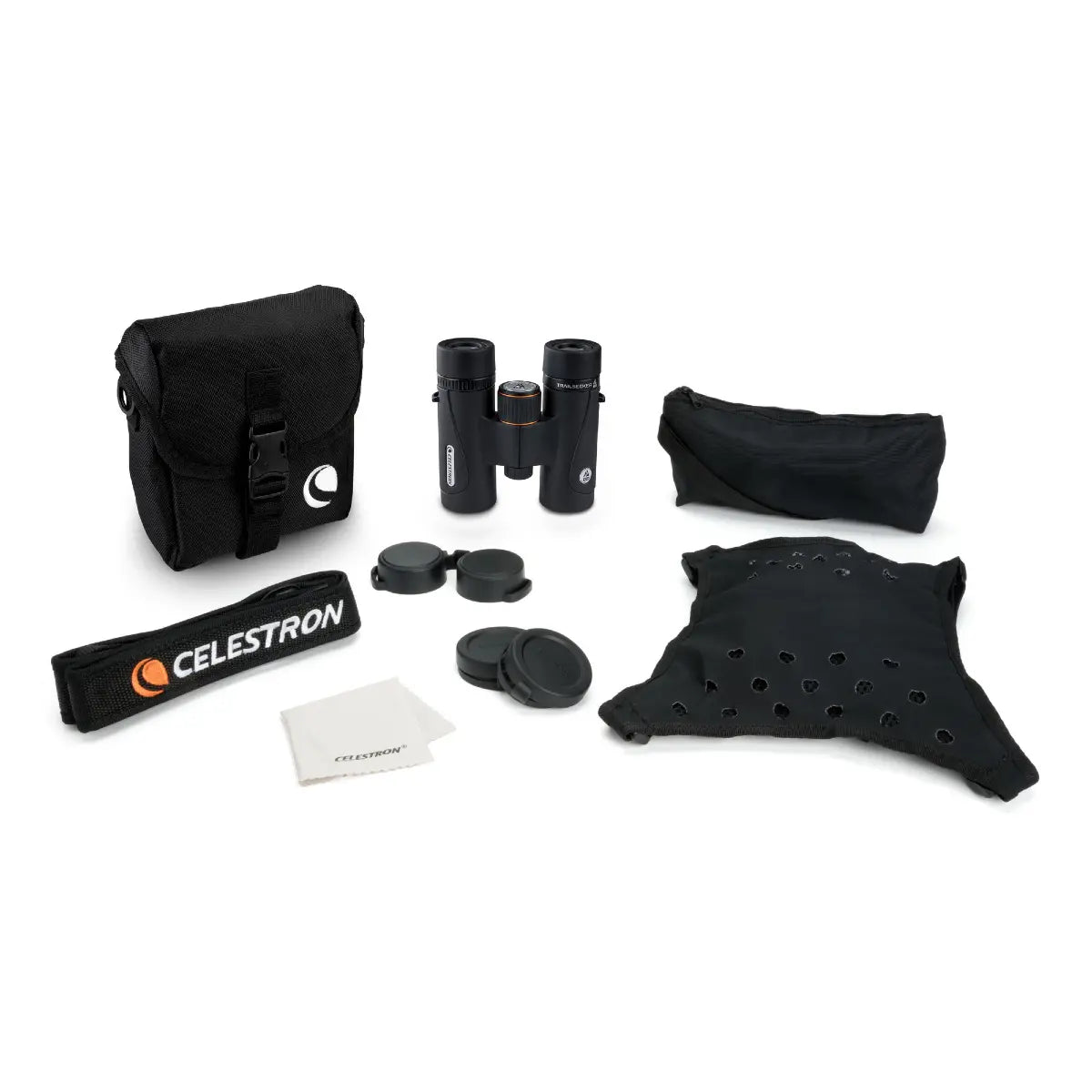 Celestron binoculars set with carrying case, lens cleaning cloth, and accessories on a white background