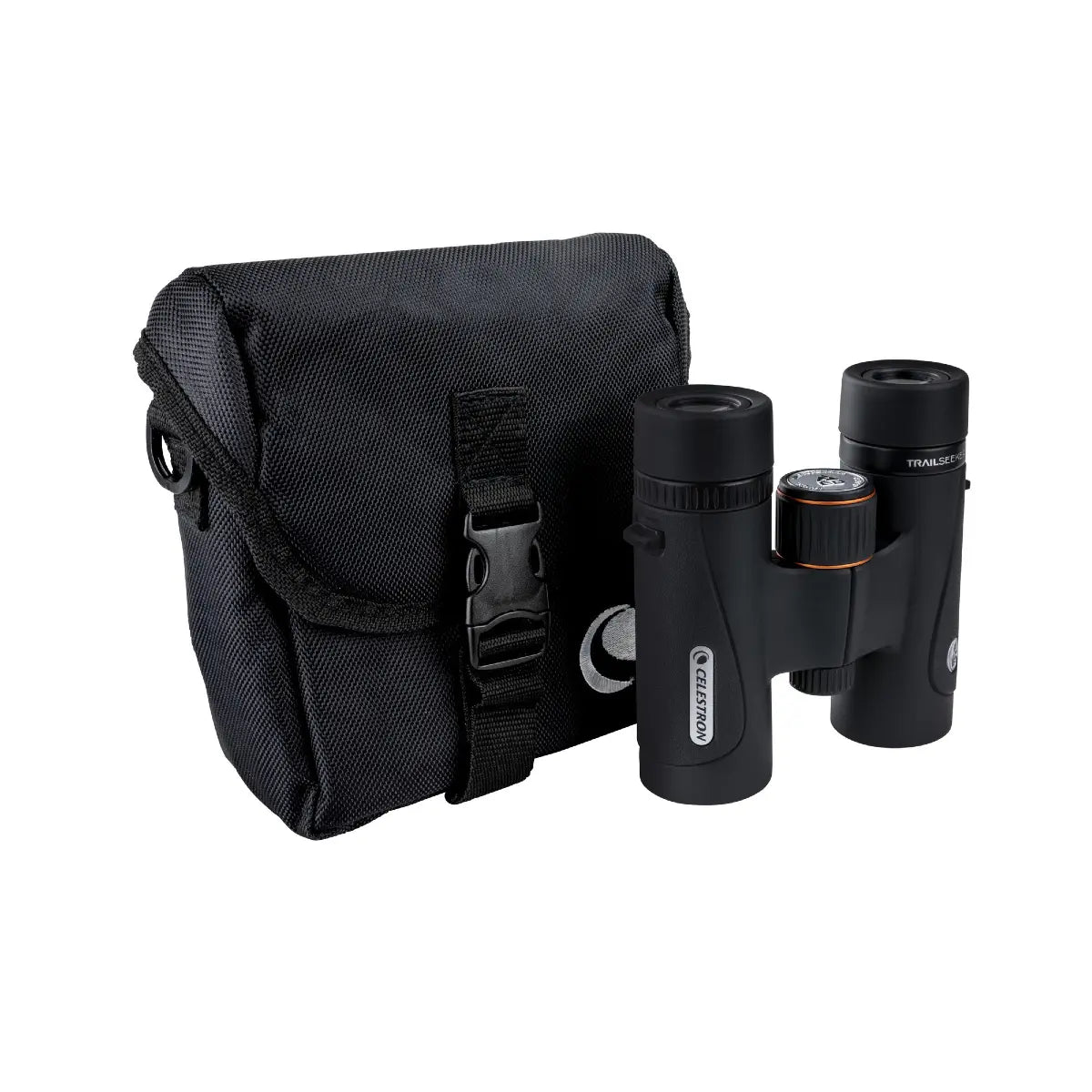 Black binoculars with carrying case on a white background
